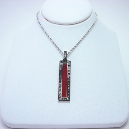 Red Enamel Rectangle Pendant with Marcasite - Click Image to Close